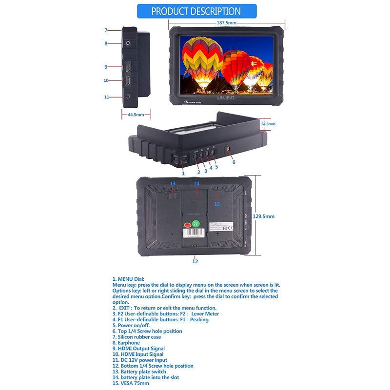 LILLIPUT A7S 7" 1920x1200 IPS Screen Camera Field Monitor 4K HDMI Input Output Video for DSLR Mirrorless Camera Sony A7S II A6500 Panasonic GH5 Canon 5D Mark IV DJI Ronin M Black VIVITEQ Exclusively - Image 4